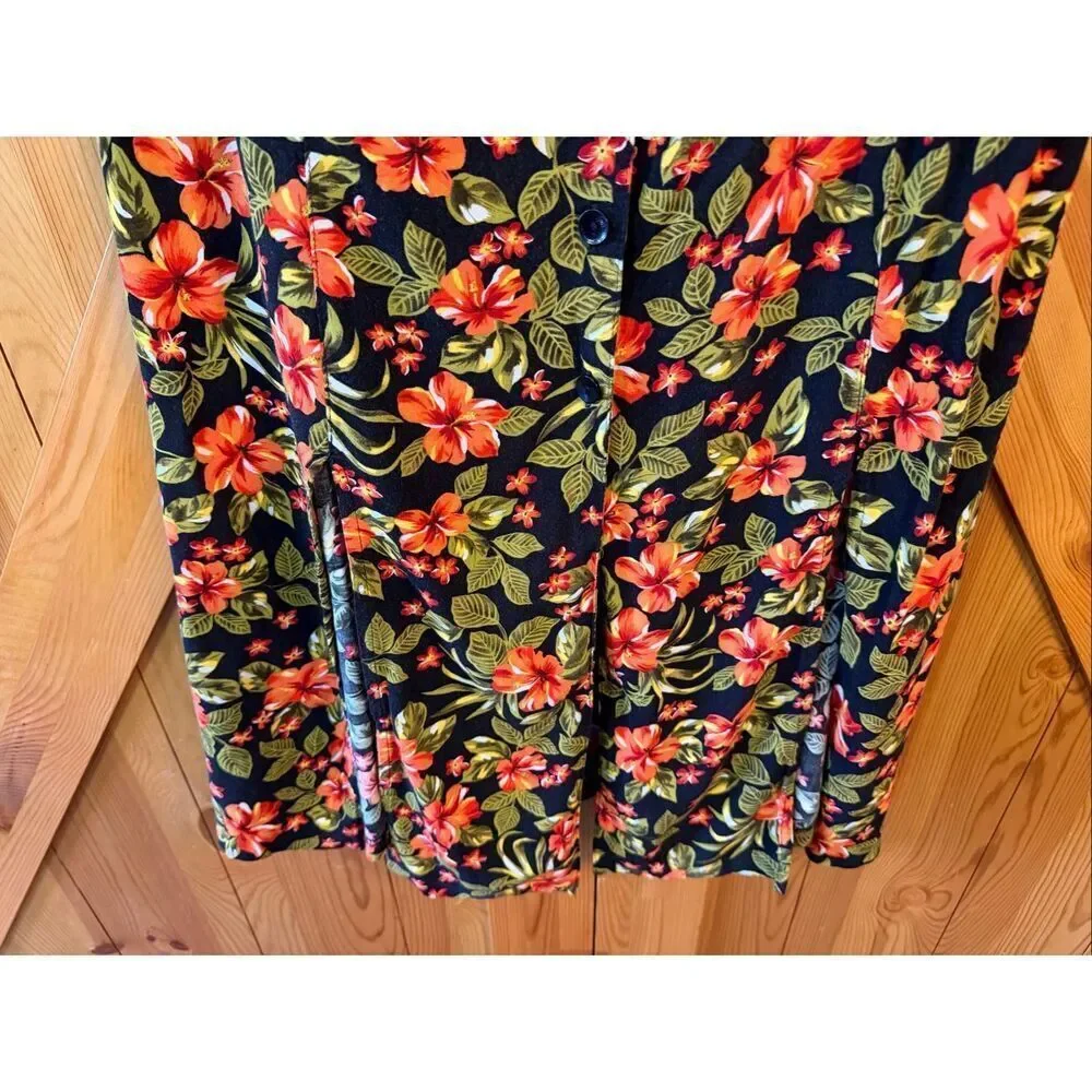Vintage Erika Black Floral Button Front Sleeveless Midi Dress Size Large (7146)